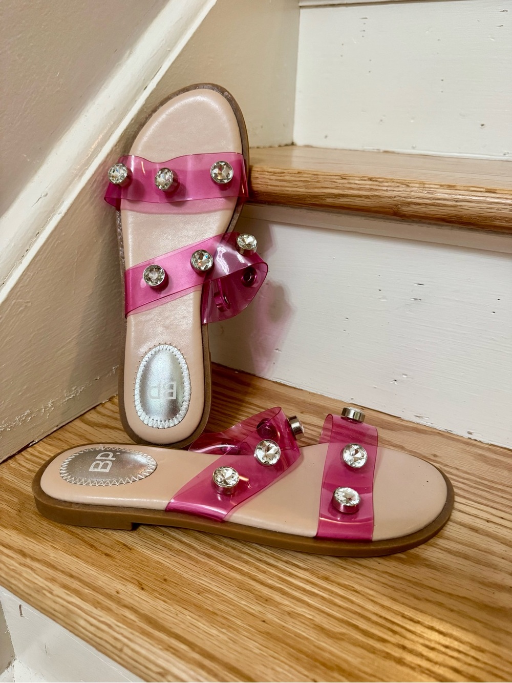 BP. NWOT Pink Transparent‎ Double Strap Rhinestone Slide Sandals Size 8